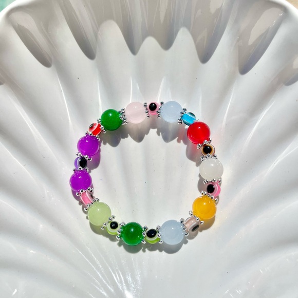 Rainbow Glass Beaded Bracelets With Evil Eye Beads NWOT - Picture 3 of 4